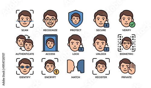 Facial recognition and biometric security icons with male faces