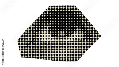 A stylized human eye depicted through a monochromatic halftone dot pattern on a white background