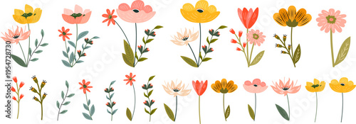 Set of colorful hand drawn floral elements in modern flat style. Collection of stylized flowers and leaves in soft warm tones, perfect for patterns, branding, packaging, and spring designs