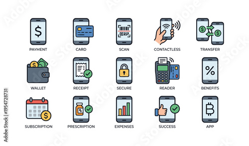 Mobile payment icons featuring contactless transactions and secure digital wallets