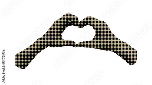 A halftone dot pattern illustration of two hands forming a heart shape against a white background