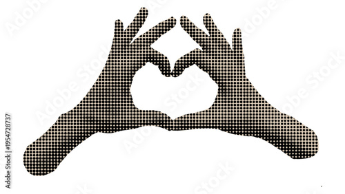 A halftone graphic of two hands forming a heart shape isolated on a solid white background space