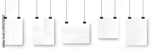 Blank paper mockup set hanging with clips on transparent background. Minimal clean stationery templates with soft shadows, ideal for branding, presentations, posters, and design showcases