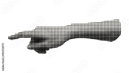 A minimalist representation of a human arm and hand pointing left using a dotted halftone pattern