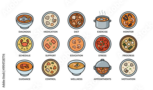 Cartoon icons representing health and wellness concepts including diet, exercise, and stress management