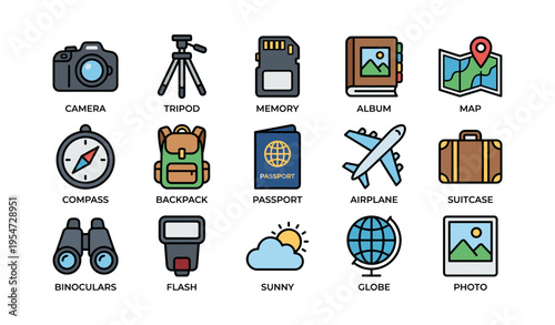 Essential travel icons set featuring camera, tripod, compass, airplane, backpack, suitcase, map