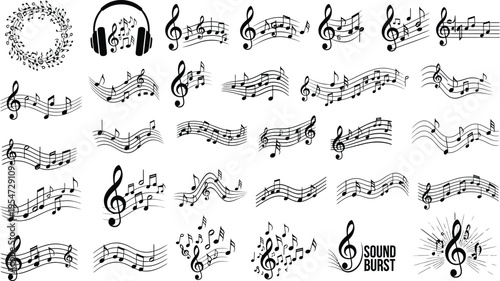 Black Musical Note Vector Set with Treble Clefs and Wavy Staff Lines for Creative Sound Design, Songwriting, and Melodic Background Elements