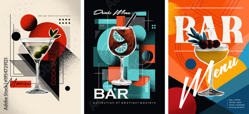 Stylish posters with halftone newspaper cocktails and geometric shapes