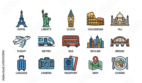 Icon set of world landmarks and travel elements with eiffel liberty and taj