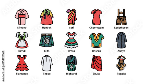 Traditional cultural attire from around the world: kimono, sari, lederhosen, dashiki, flamenco