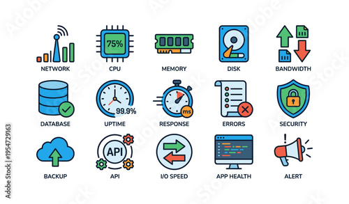 Essential technology icons featuring cpu, memory, network, database, and security symbols
