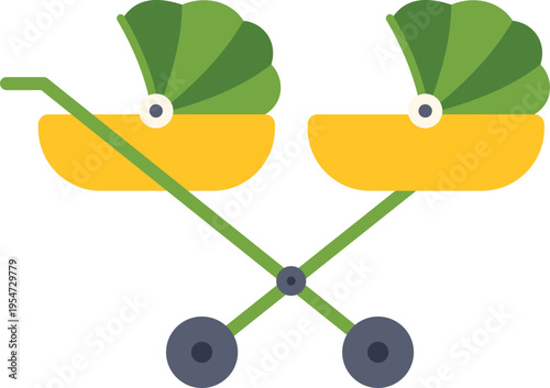 Tandem baby carriage for siblings with green canopies and yellow seats