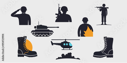 Military icons set with soldiers vehicles and equipment