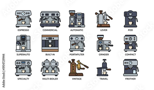 Diverse coffee machines collection with different brewing methods