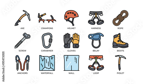 Essential climbing gear icons: axe, crampons, helmet, rope, boots, carabiner