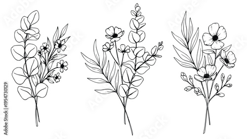 Black and white line drawings of three floral arrangements with leaves and flowers on white background
