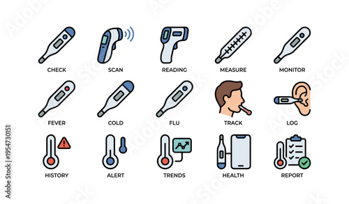 Thermometer icons: check, scan, measure, monitor, track health trends