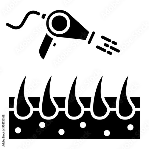 Hair Drying Icon: Hair Dryer Blowing on Hair Follicles