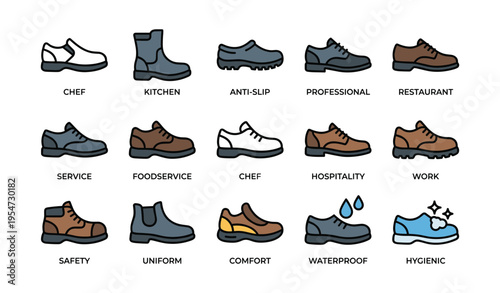 Variety of professional footwear for chefs and foodservice workers