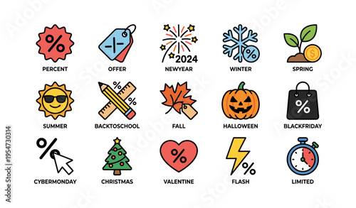 Colorful seasonal and holiday icons for year-round celebrations
