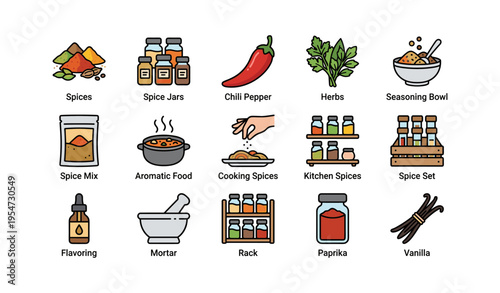Collection of kitchen spices and cooking essentials with herb and spice containers