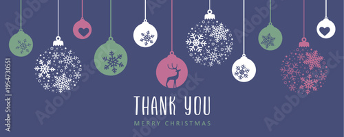 thank you merry christmas card with hanging ball decoration vector illustration