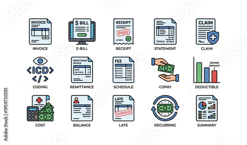 Colorful medical billing icons illustrating key financial concepts