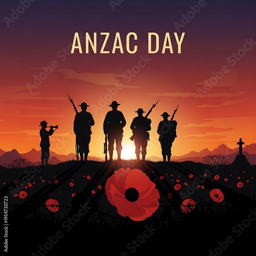 Anzac day tribute with soldiers and poppy field