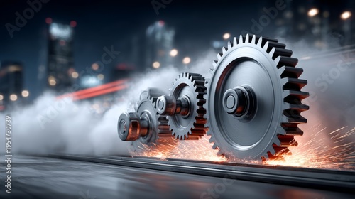 Gears in motion create sparks as they operate on a mechanical track at night