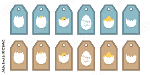 happy easter paper tag set minimal design with egg and little chick vector illustration