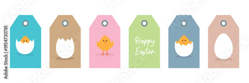 happy easter paper tag set minimal design with egg and little chick vector illustration