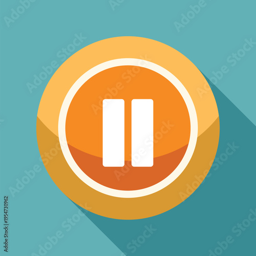 Pause symbol icon on an orange media player button with long shadow