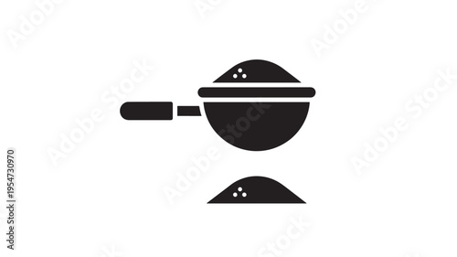 Portafilter basket with ground coffee and a pile of coffee grounds below, depicted in a simple black icon.