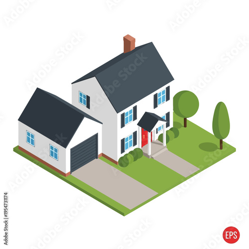 Isometric illustration of a detached house with an attached garage, featuring a red front door, dark gray roof, and green lawn with trees.