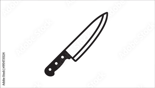 Knife kitchen utility with curved blade and three rivets on handle, simple black outline on white background