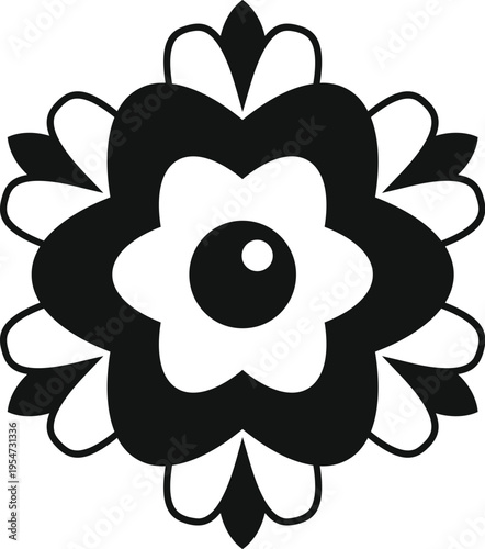 Black and white stylized floral ornament representing a decorative flower icon or symbol
