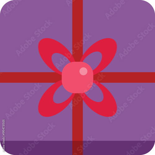 Purple gift box wrapped with a red ribbon and a decorative bow, ready for celebration