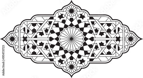 Intricate black and white geometric pattern design with floral elements and symmetry