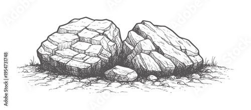 Cracked stone boulders and pebbles rough ground with grass rock