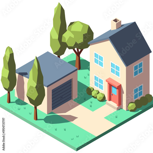 A charming isometric illustration of a detached house with an attached garage, surrounded by lush green trees and manicured bushes, set against a clean white background.