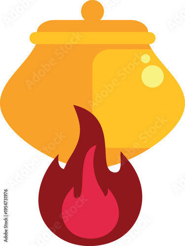 Golden cooking pot heating over a red flame on white background