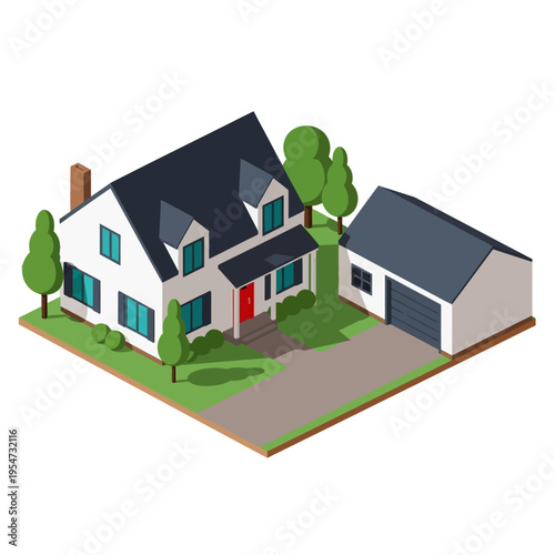 Isometric illustration of a suburban house with an attached garage and surrounding greenery.