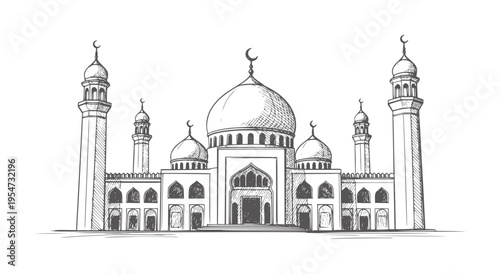 Hand drawn of a grand mosque with domes and minarets islam architecture
