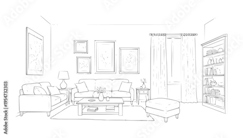 Living room interior with sofas coffee table and bookshelf line furniture