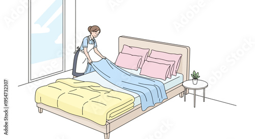 Woman making hotel bed with luggage.