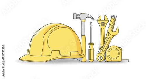 Yellow Hard Hat and Construction Tools.