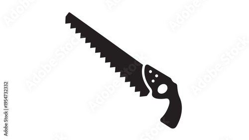 Hand saw tool with sharp teeth and a curved black handle, isolated on a white background for graphic design.