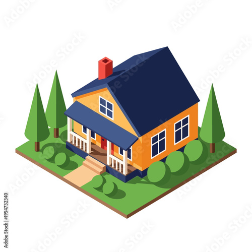 Isometric illustration of a charming orange house with a dark blue roof, surrounded by lush green trees and bushes, on a sunny day.