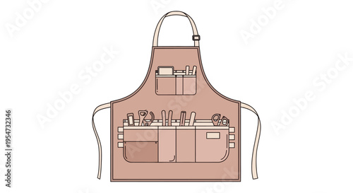 Brown apron with tool pockets.