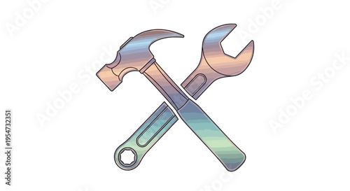 Hammer and adjustable wrench tools crossed.